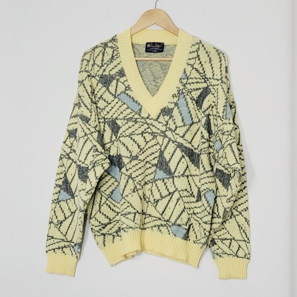 Prince Bellini Vintage Knit Preppy Yellow Gray Cotton Blend Cottagecore Sweater - Picture 3 of 13